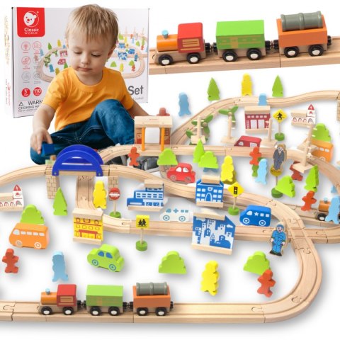 CLASSIC WORLD Zestaw Kolejka Tor Drewniany Pociąg + Figurki 110 el. CLASSIC WORLD Zestaw Kolejka Tor Drewniany Pociąg + Figurki 110 el.